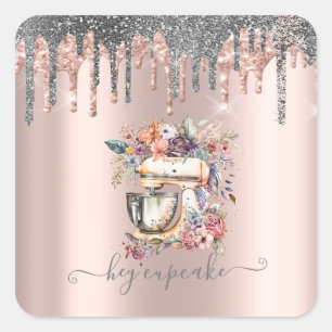 Adesivo Quadrado Prateado Glitter Drips Floral Misturador Rosa Dour