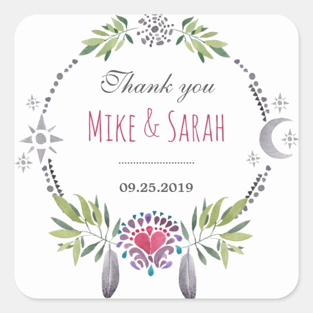 Adesivo Quadrado Prato De Pássaros Padrão Tribal Obrigado Sticker (Frente)