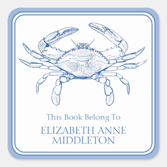 Adesivo Quadrado Preppy Blue e White Crab Bookplate (Frente)