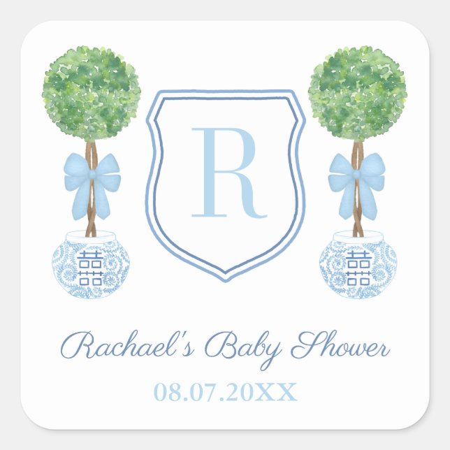 Adesivo Quadrado Preppy Blue Monograma Boxwood Favor do Chá de fral (Frente)