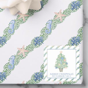 Adesivo Quadrado Presente de Árvore de Natal Costeira de Aquarela