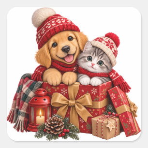 Adesivo Quadrado Presente de Cachorrinho e Gatito de Natal Adorável