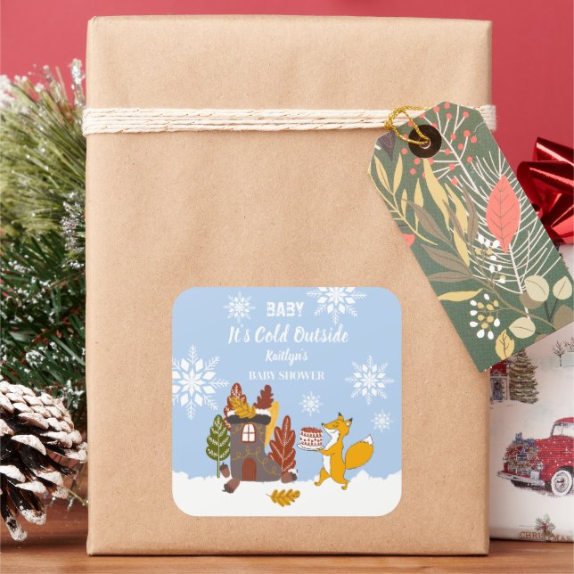 Adesivo Quadrado Presente de Chá de fraldas Fox Winter Snowflakes (Feriado)