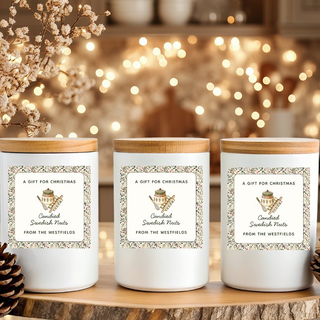 Adesivo Quadrado Presente de Comida de Berries Vermelhos de Natal (Christmas Greenery Red Berries Food Gift Square Sticker Label)