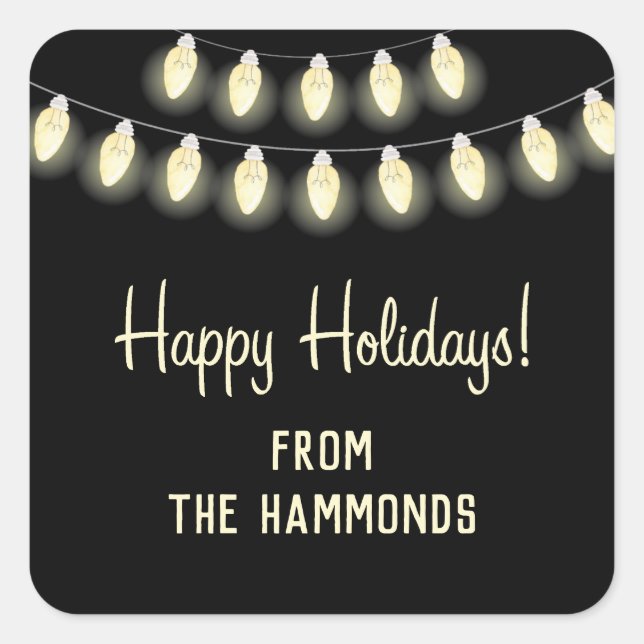 Adesivo Quadrado Presente de Feriado das Luzes Brilhantes (Frente)