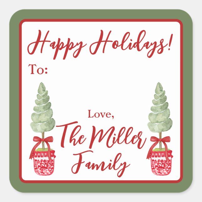 Adesivo Quadrado Presente de Feriado Tópico de Chinoiserie Vermelha (Frente)