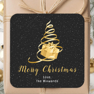 Adesivo Quadrado Presente de Fita Dourada e Preta Feliz Natal