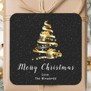 Adesivo Quadrado Presente de Fita Dourada e Preta Feliz Natal