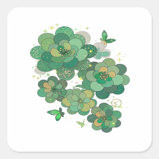 Adesivo Quadrado Presente de Flores e Borboletas Douradas da Moda (Frente)