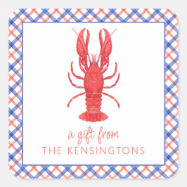 Adesivo Quadrado Presente de Lagosta Vermelha e Azul de Xadrez