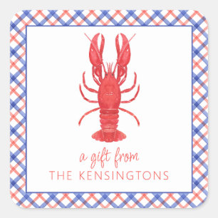Adesivo Quadrado Presente de Lagosta Vermelha e Azul de Xadrez