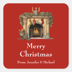 Adesivo Quadrado Presente de Natal da Lareira Victoriana Cozy