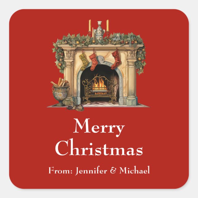 Adesivo Quadrado Presente de Natal da Lareira Victoriana Cozy (Frente)