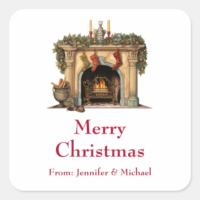 Adesivo Quadrado Presente de Natal da Lareira Victoriana Cozy (Frente)