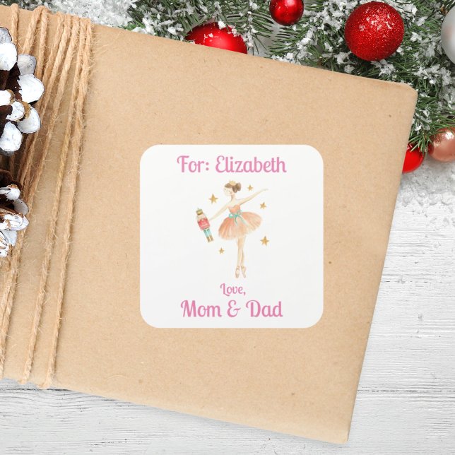 Adesivo Quadrado Presente de Natal de Balé Nutcracker Personalizado (Criador carregado)