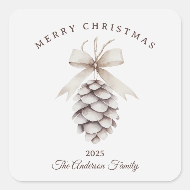 Adesivo Quadrado presente de Natal de pinecone branco creme persona (Frente)