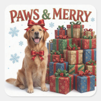 Adesivo Quadrado Presente de Natal do Cão de Água Dourado Cheer