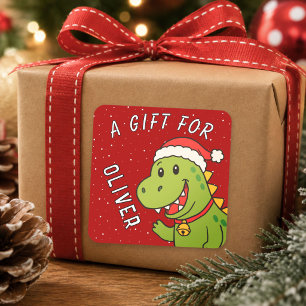 Adesivo Quadrado Presente de Natal Nome Crianças Dinossauro Fofo