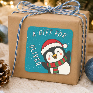 Adesivo Quadrado Presente de Natal Nome Crianças Pinguim Fofo