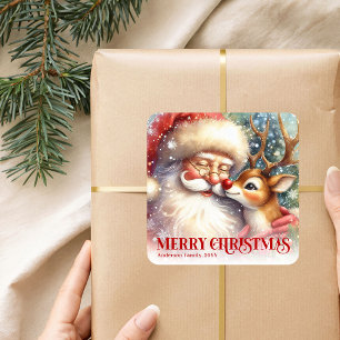 Adesivo Quadrado Presente de Natal Personalizado do Papai Noel Rudo