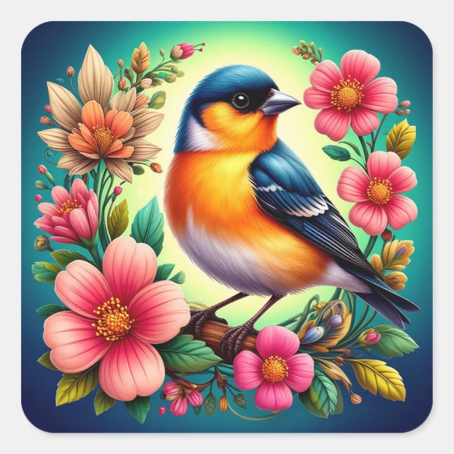 Adesivo Quadrado 🌸 Presente de Pássaro e Flores Fofos (Frente)