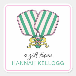 Adesivo Quadrado Presente de Pickleball Verde e Amarelo de Pré-Pink