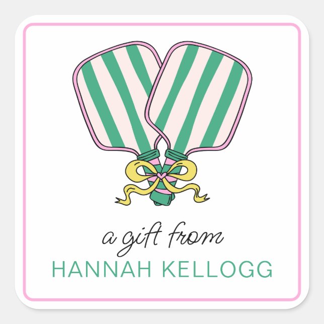 Adesivo Quadrado Presente de Pickleball Verde e Amarelo de Pré-Pink (Frente)