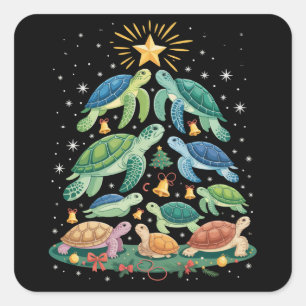 Adesivo Quadrado Presente Engraçado de Tartaruga de Natal Árvore de