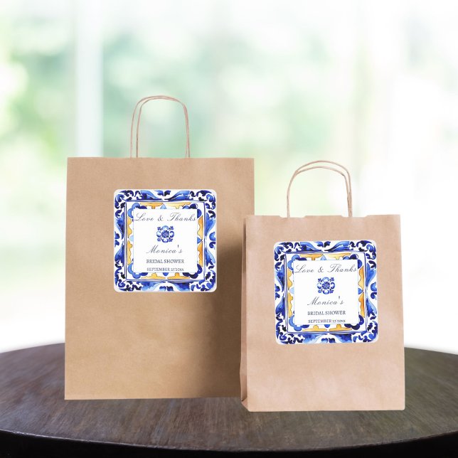 Adesivo Quadrado Presente para chá de noiva com azulejos Amalfi Vie (Amalfi Vietri tiles Italian bridal shower favor Sticker Mediterranean blue aulejo tiles thank you )