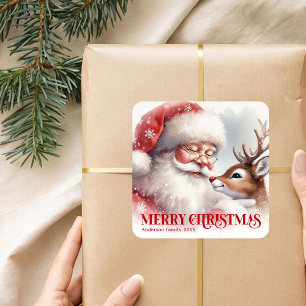 Adesivo Quadrado Presente Personalizado de Natal do Papai Noel Rudo