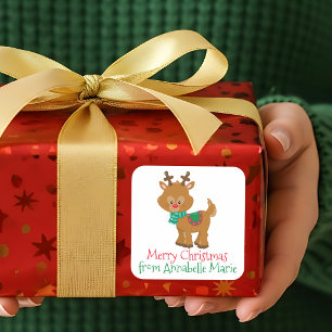 Adesivo Quadrado Presente Personalizado de Natal Rena Fofa