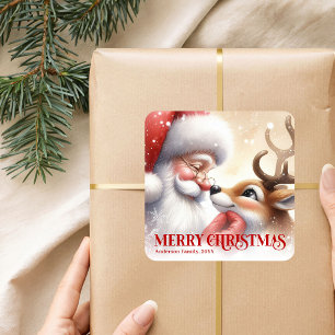 Adesivo Quadrado Presente Personalizado do Papai Noel Rudolph Natal