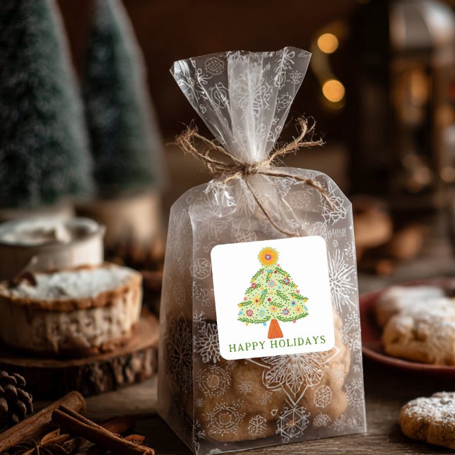 Adesivo Quadrado Presente PERSONALIZADO na Árvore de Natal de Gente (Whimsical Folk Christmas Tree CUSTOM Gift Square Sticker
)