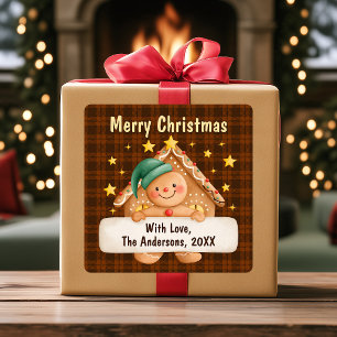Adesivo Quadrado Presente Personalizado Natal Feliz Biscoito de Nat