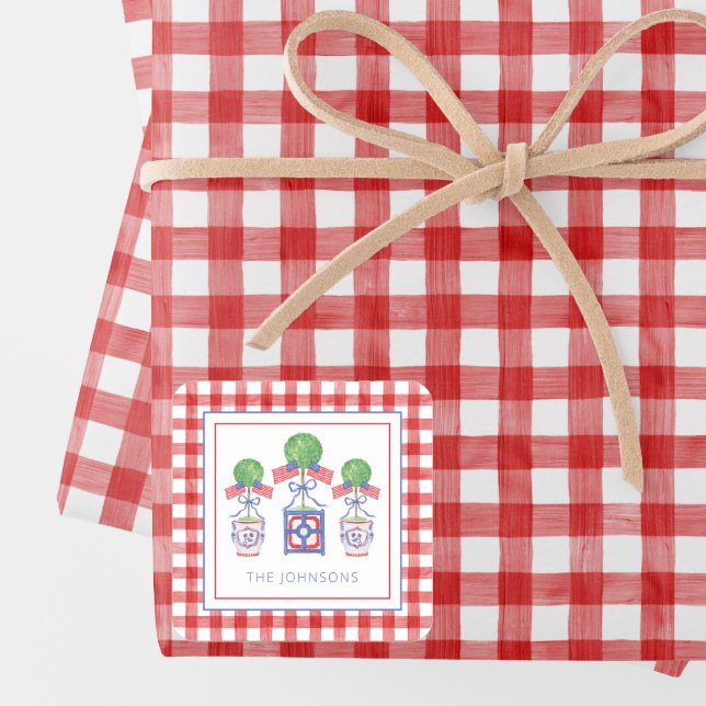 Adesivo Quadrado Presente Topiário de Bandeira Patriótica Americana (Criador carregado)