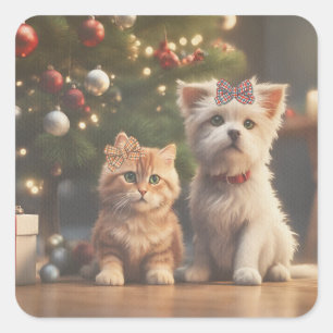 Adesivo Quadrado Presentes de Gato de Natal e Sobrinho de Cão