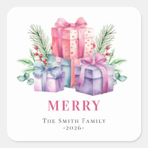 Adesivo Quadrado Presentes de Natal com Aquarela