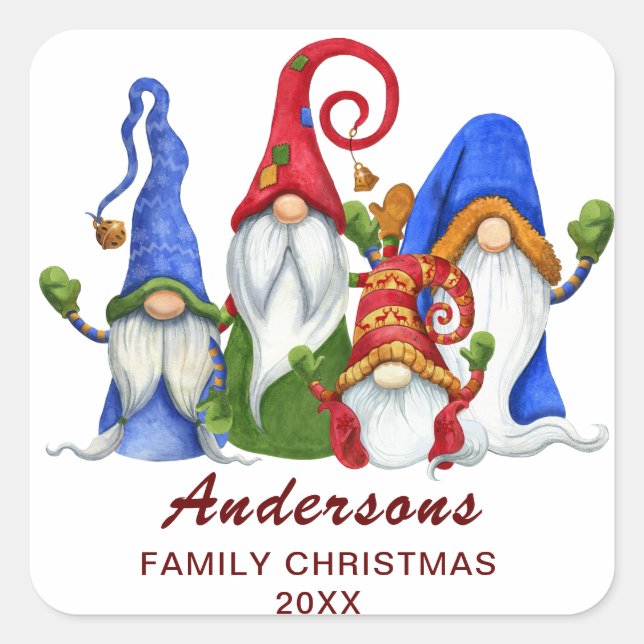 Adesivo Quadrado Presentes de Natal de Gnomos Elfos Retro Feriado (Frente)
