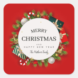 Adesivo Quadrado Presentes De Natal Vermelho E Assinatura Familiar