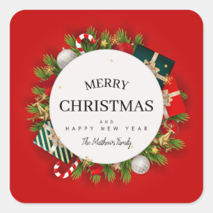 Adesivo Quadrado Presentes De Natal Vermelho E Assinatura Familiar