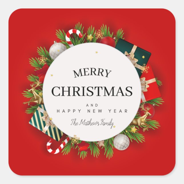 Adesivo Quadrado Presentes De Natal Vermelho E Assinatura Familiar (Frente)