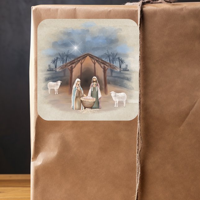 Adesivo Quadrado Presépio de Natal Cena de Natividade Aquarela (Criador carregado)