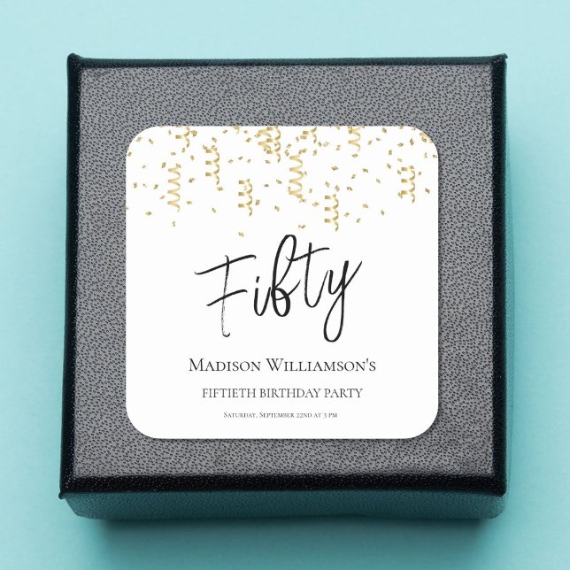 Adesivo Quadrado Preto, Branco & Dourado Cinquenta, Festa de Aniver (Criador carregado)