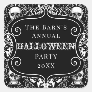 Adesivo Quadrado Preto Branco Halloween Damask Skull Gótica Persona