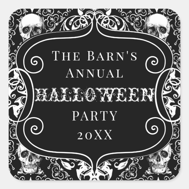 Adesivo Quadrado Preto Branco Halloween Damask Skull Gótica Persona (Frente)