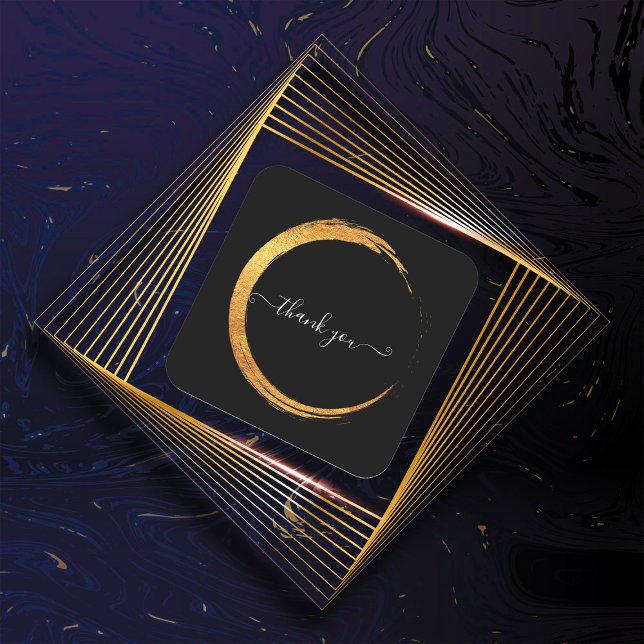 Adesivo Quadrado Preto Branco Obrigado Quadro Moderno Dourado (Black White Thank You Gold Frame Modern Square Sticker)