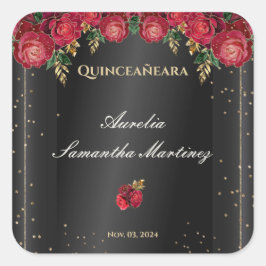 Adesivo Quadrado Preto com Rosas vermelhas Quinceañera Calcamonias