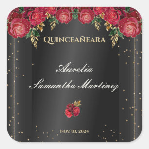 Adesivo Quadrado Preto com Rosas vermelhas Quinceañera Calcamonias
