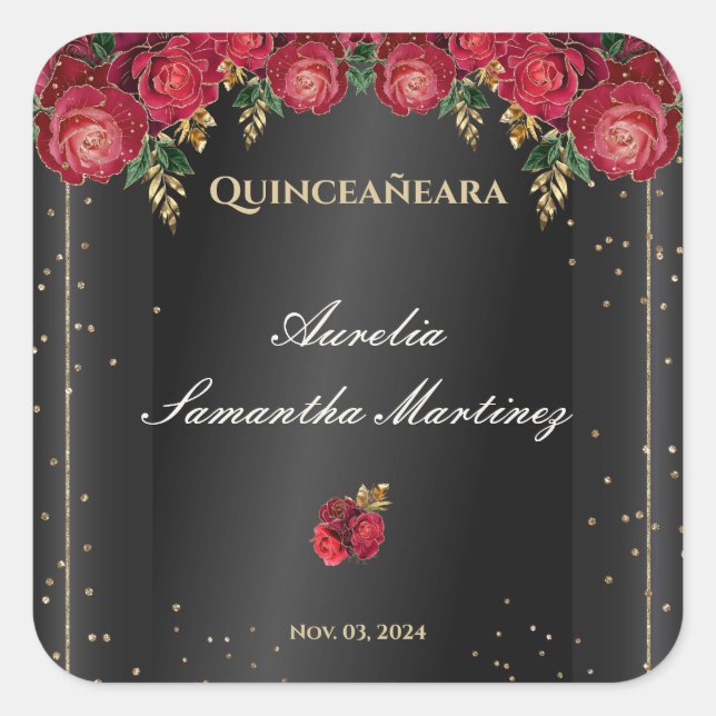 Adesivo Quadrado Preto com Rosas vermelhas Quinceañera Calcamonias (Frente)