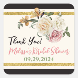 Adesivo Quadrado Preto, marfim, Dourado Buquê Floral